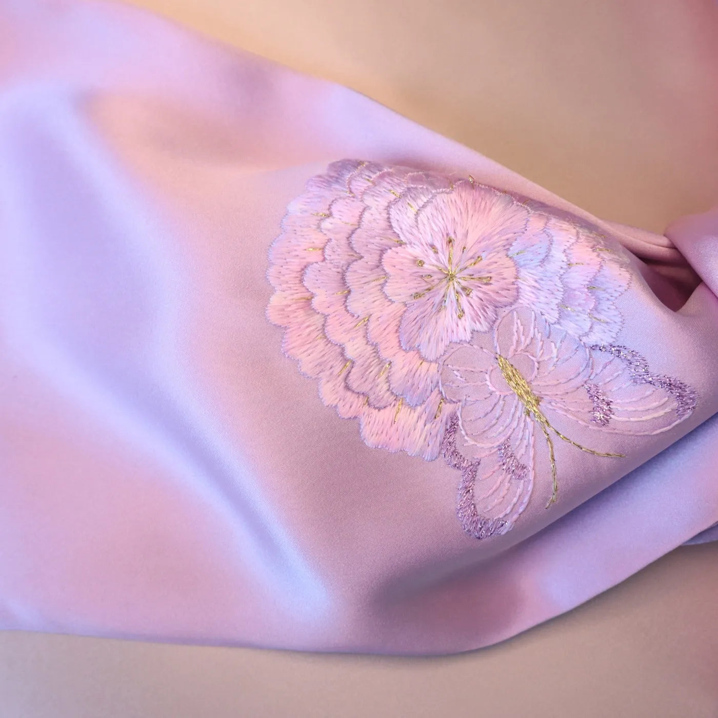 Lilac Mulberry Silk Scarf with Hand Embroidered Dandelion & Butterfly