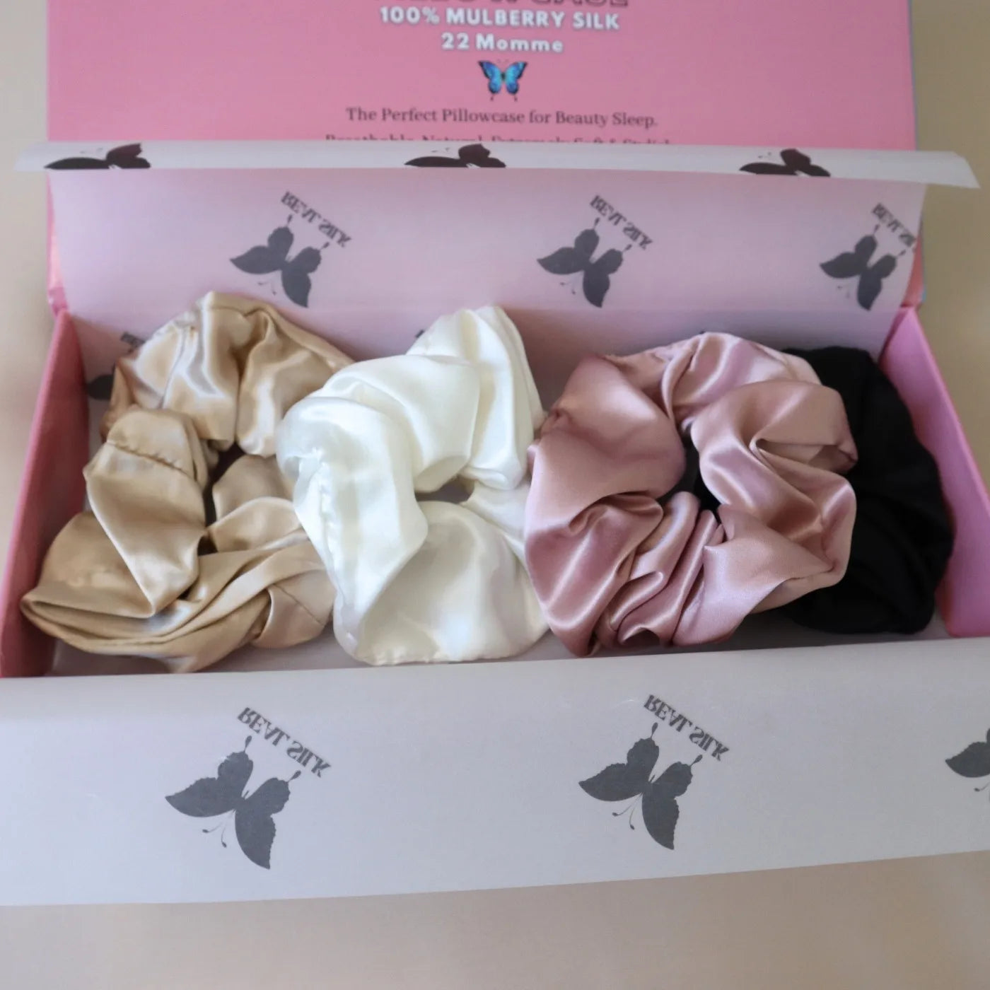 4 Silk Hair Scrunchie Set - White, Gold, Black, Pink
