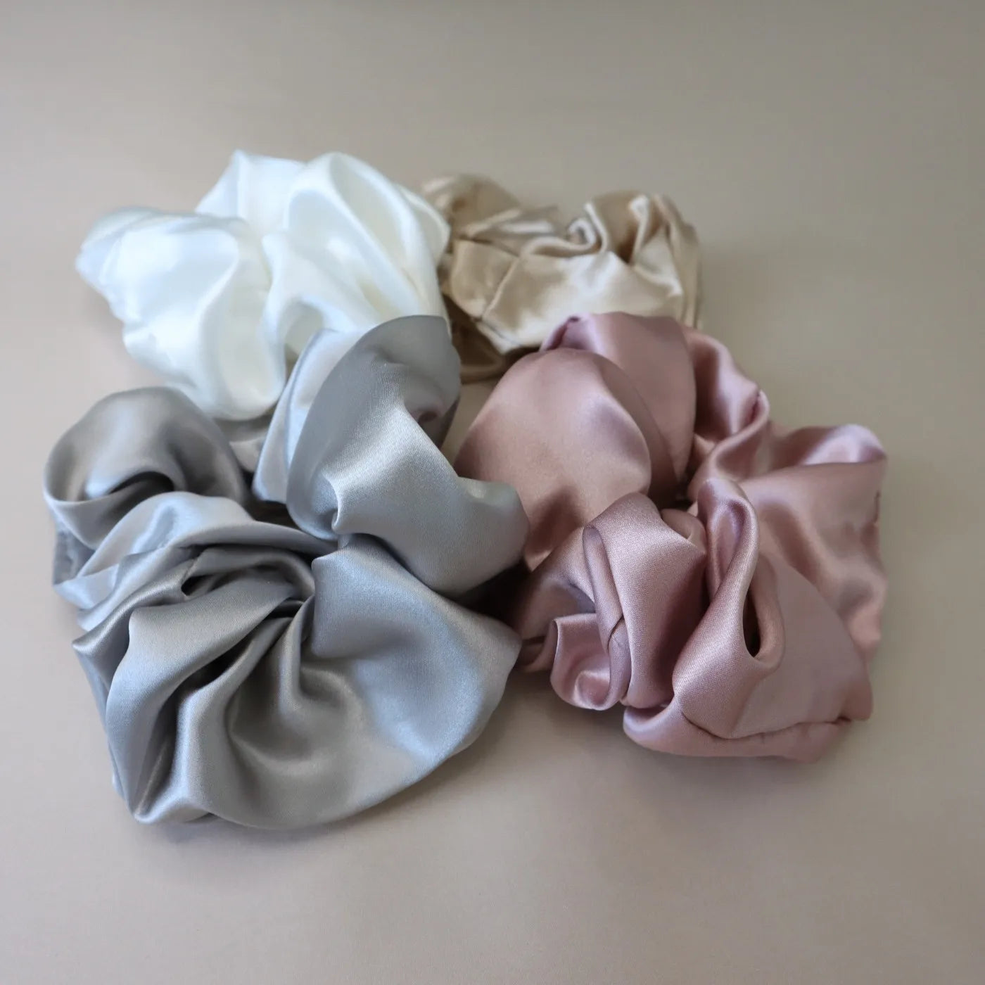 4 Silk Hair Scrunchie Set - Pink, White, Gold, Silver