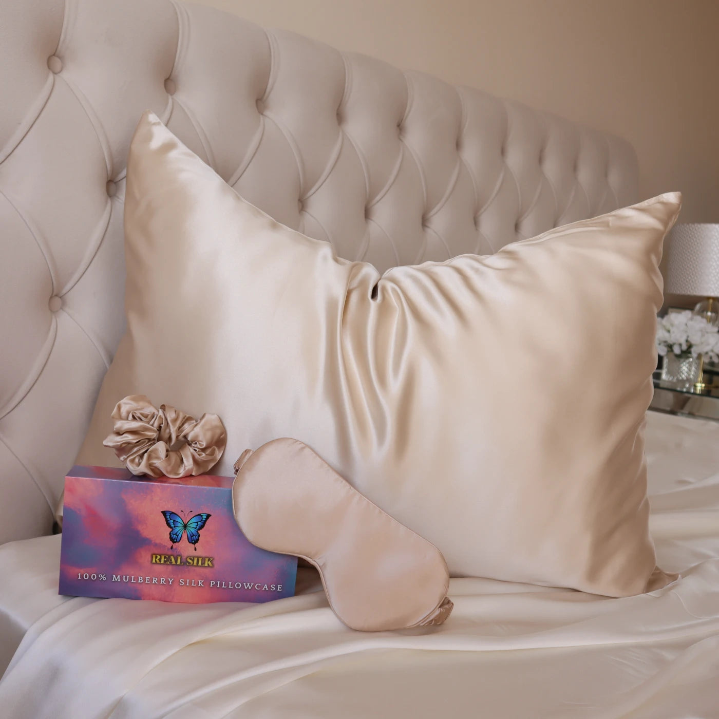 Mulberry Silk Gift Set - 22 Momme Silk Pillowcase, Sleeping Mask & Hair Scrunchie Gold