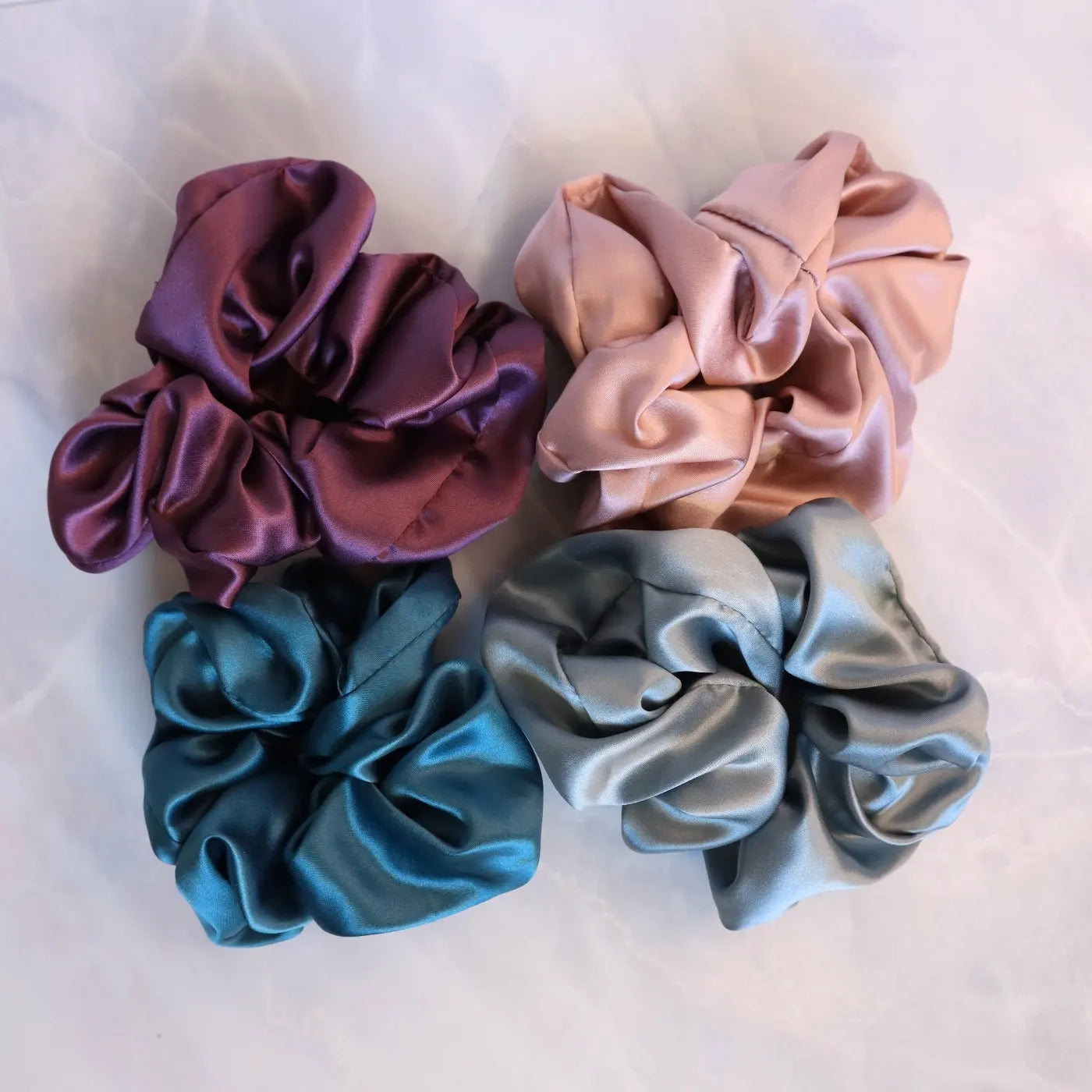 4 Silk Hair Scrunchie Set - Pink, Purple, Teal, Light Blue Hair Ties