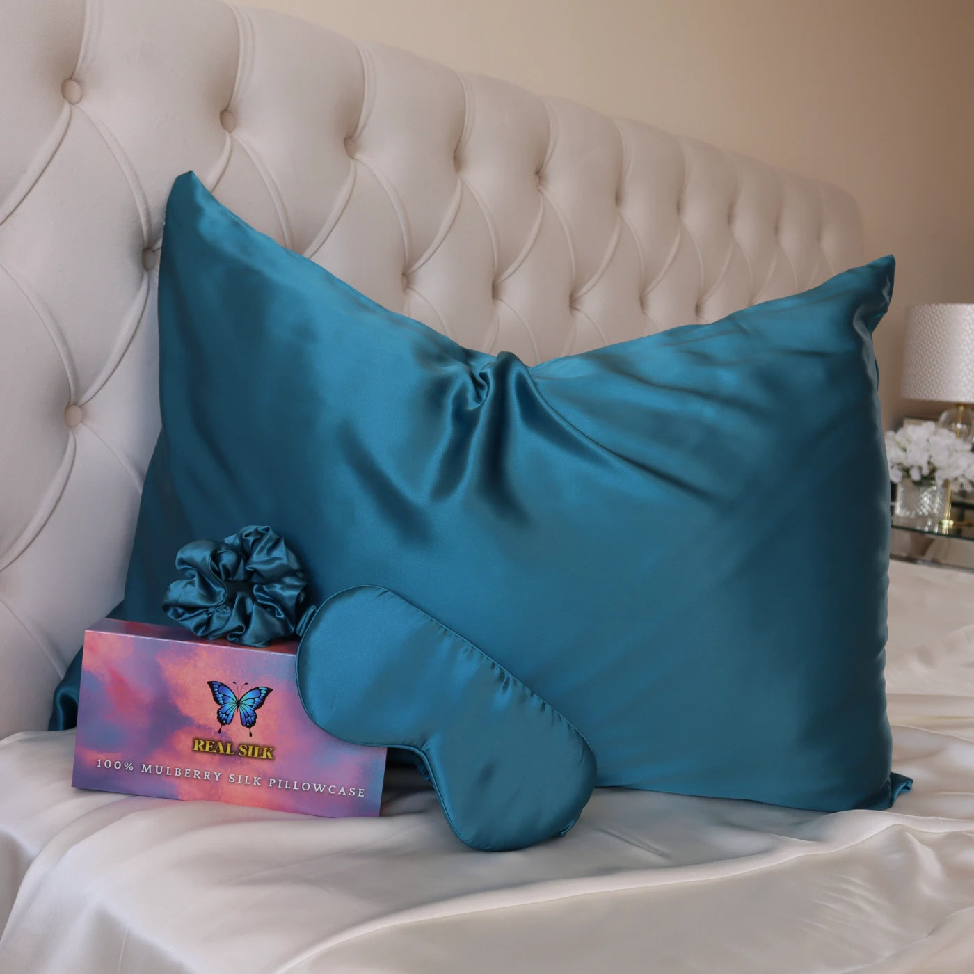 Mulberry Silk Gift Set - 22 Momme Real Silk Pillowcase, Sleeping Mask & Hair Scrunchie teal blue