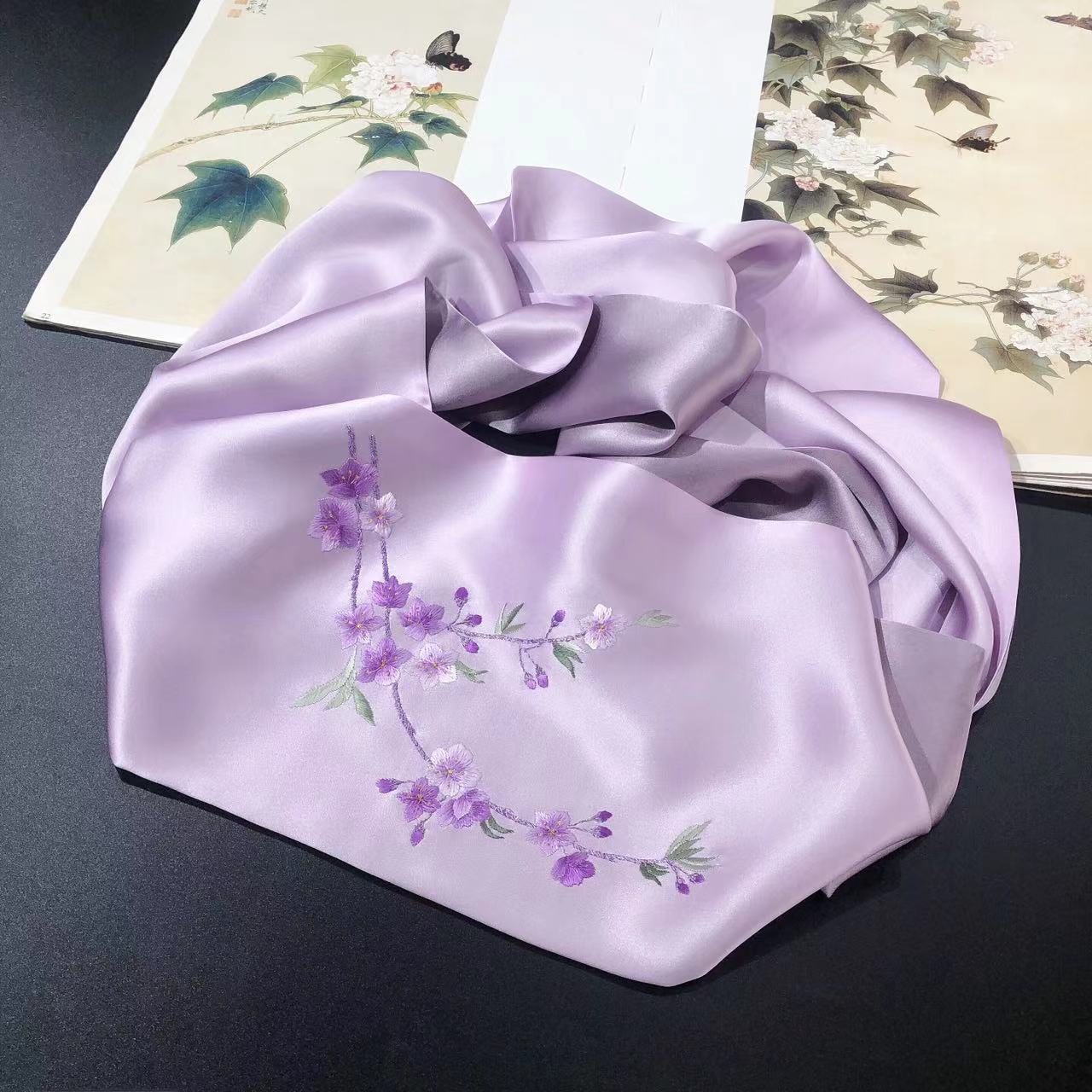 Lilac Silk Scarf with Hand Embroidered Purple Flowers 100% Mulberry Silk UK