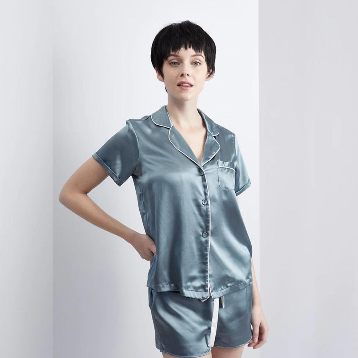 100% Pure Mulberry Silk Short Shorts Shirt Pyjamas Pajamas Set for Women 22 Momme Luxury Real Silk Pillowcase Silver White Blue Grey Pink