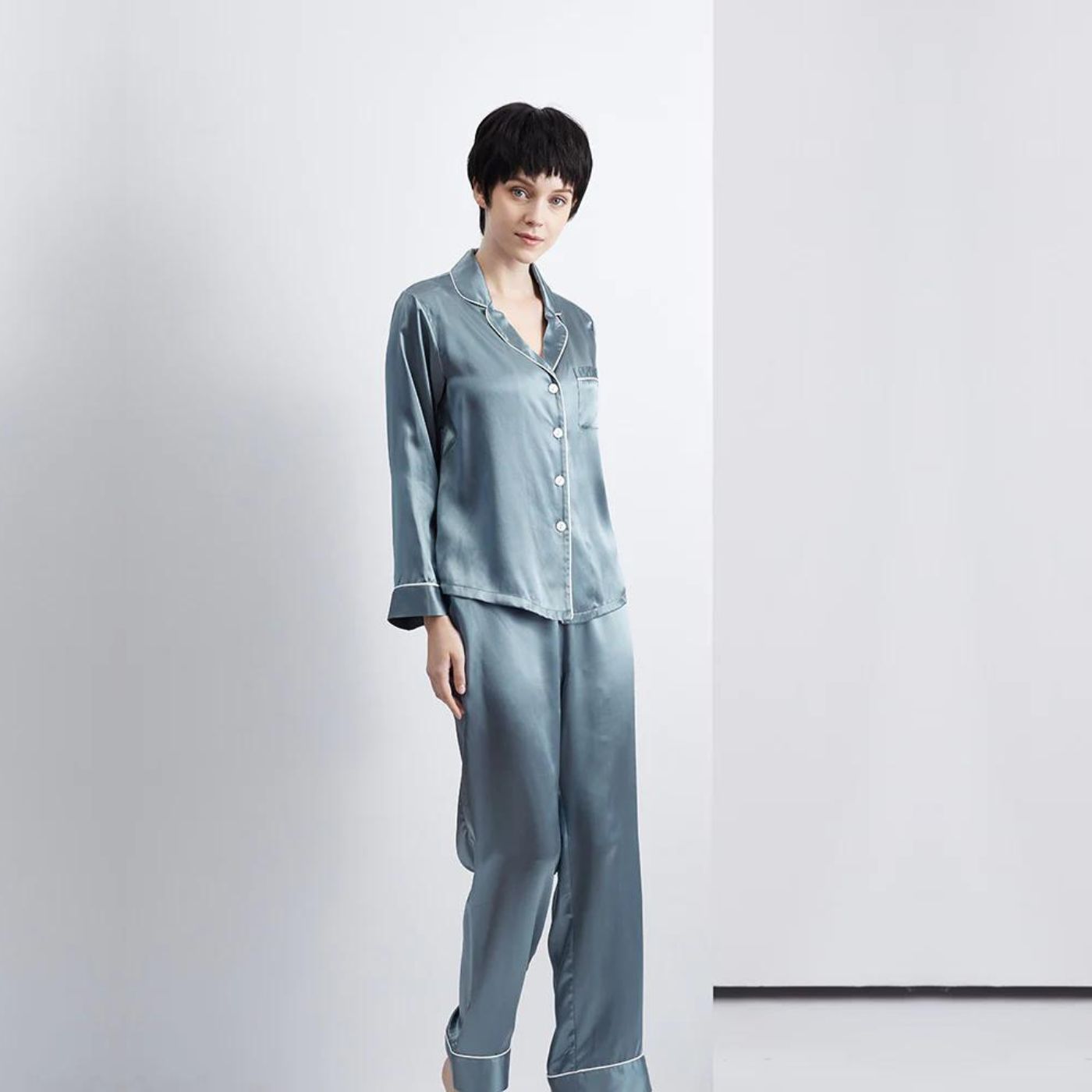 100% Mulberry Silk Real Pure Full Length Pyjamas Pajamas Set trousers shirt two pieces for Women 22 Momme MM Luxury nightwear sleepwear ladies grey light blue petrol