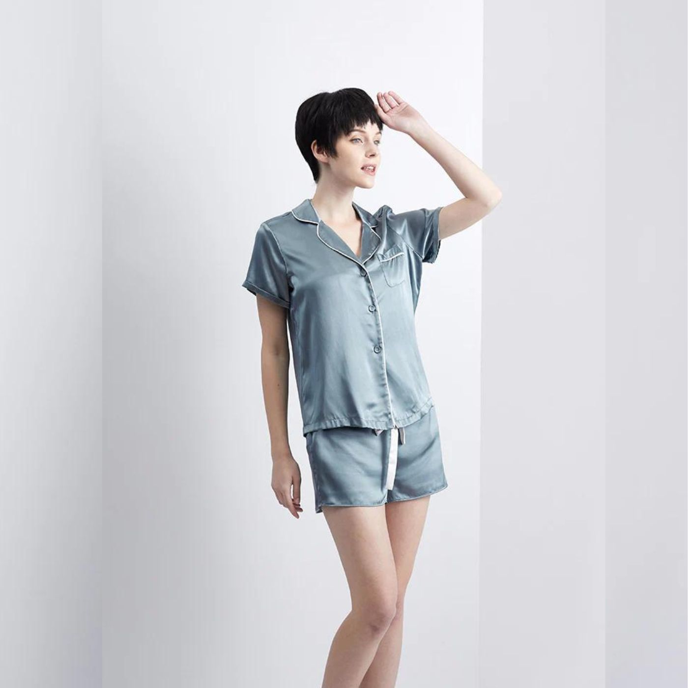 100% Pure Mulberry Silk Short Shorts Shirt Pyjamas Pajamas Set for Women 22 Momme Luxury Real Silk Pillowcase Silver White Blue Grey Pink