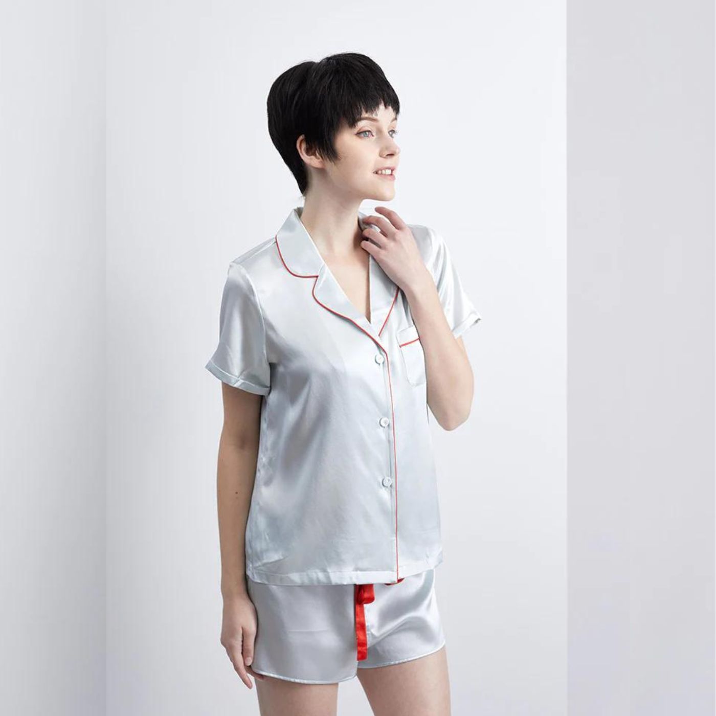 100% Pure Mulberry Silk Short Shorts Shirt Pyjamas Pajamas Set for Women 22 Momme Luxury Real Silk Pillowcase Mint Cream Silver White Blue Grey Pink