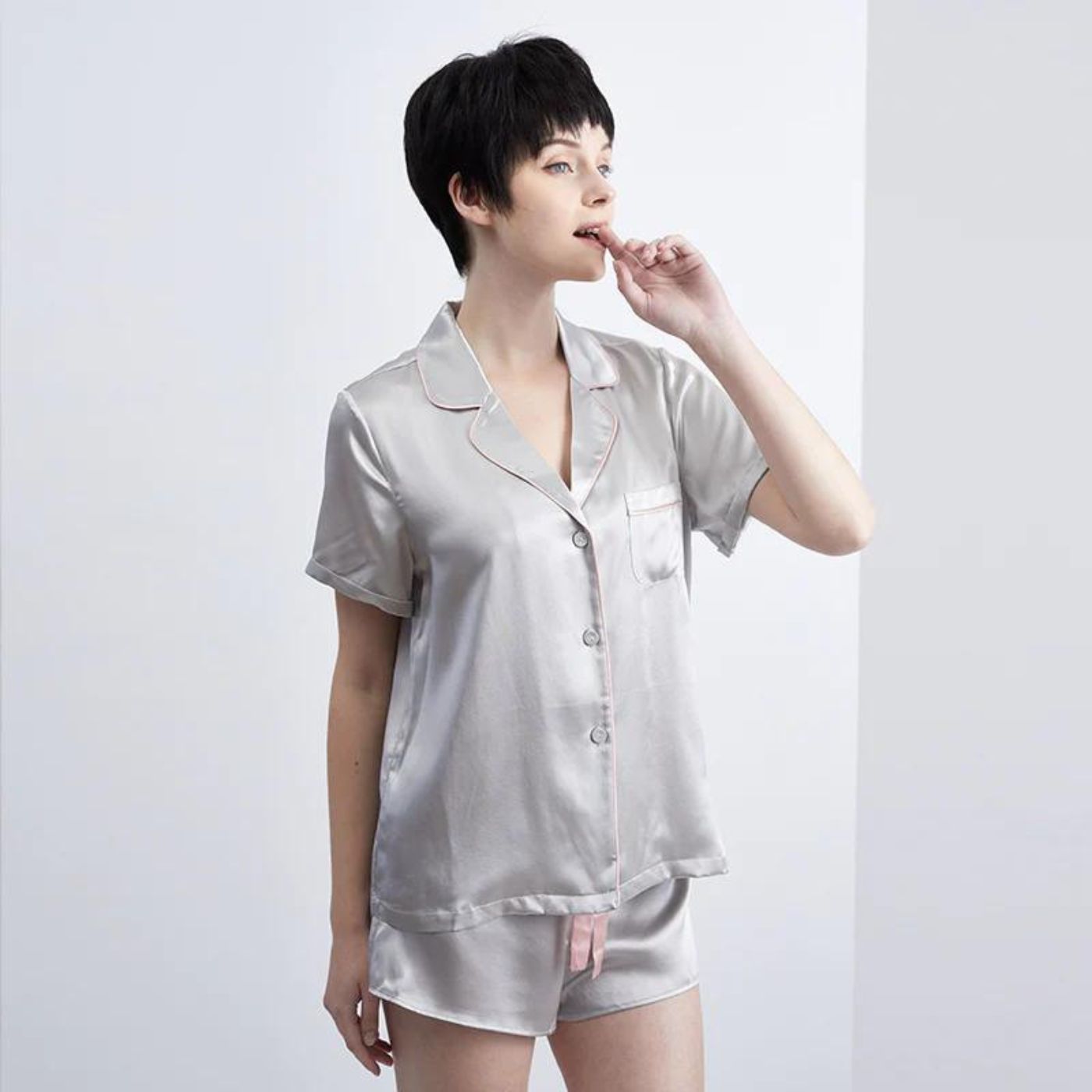 100% Pure Mulberry Silk Short Shorts Shirt Pyjamas Pajamas Set for Women 22 Momme Luxury Real Silk Pillowcase Silver White Grey Pink