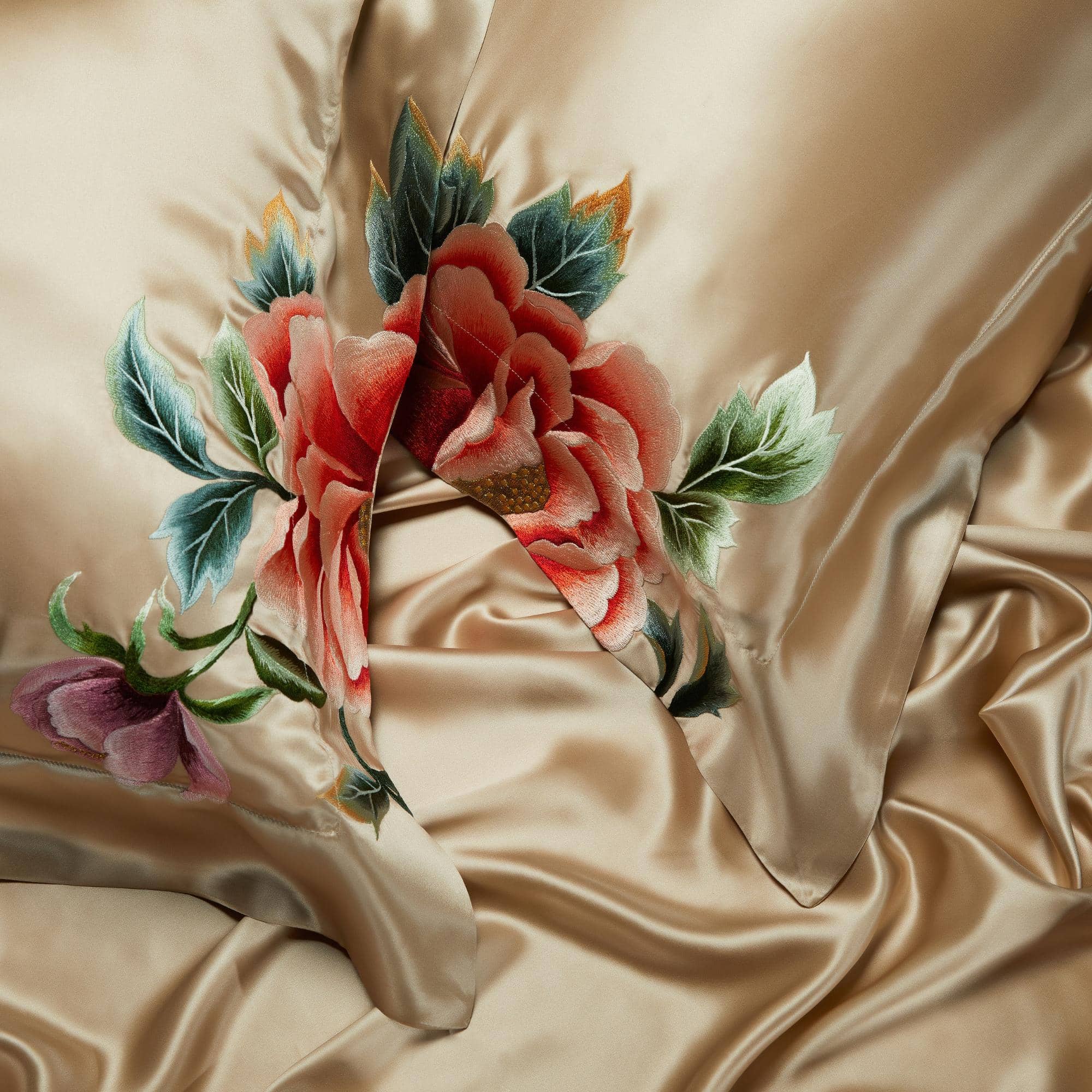 Luxury hand Embroidered 4 Psc 22 MM Pure Real Mulberry Silk Bedding Set in Gold Roses Flowers Floral Duvet