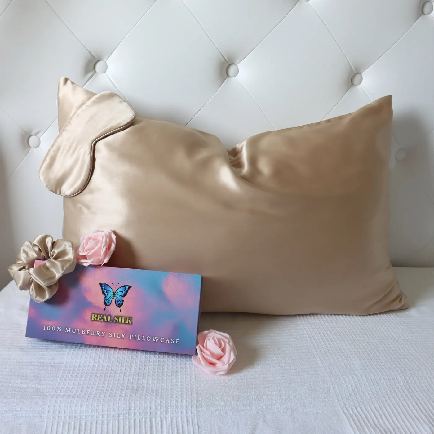 Mulberry Silk Gift Set - 22 Momme Silk Pillowcase, Sleeping Mask & Hair Scrunchie Gold