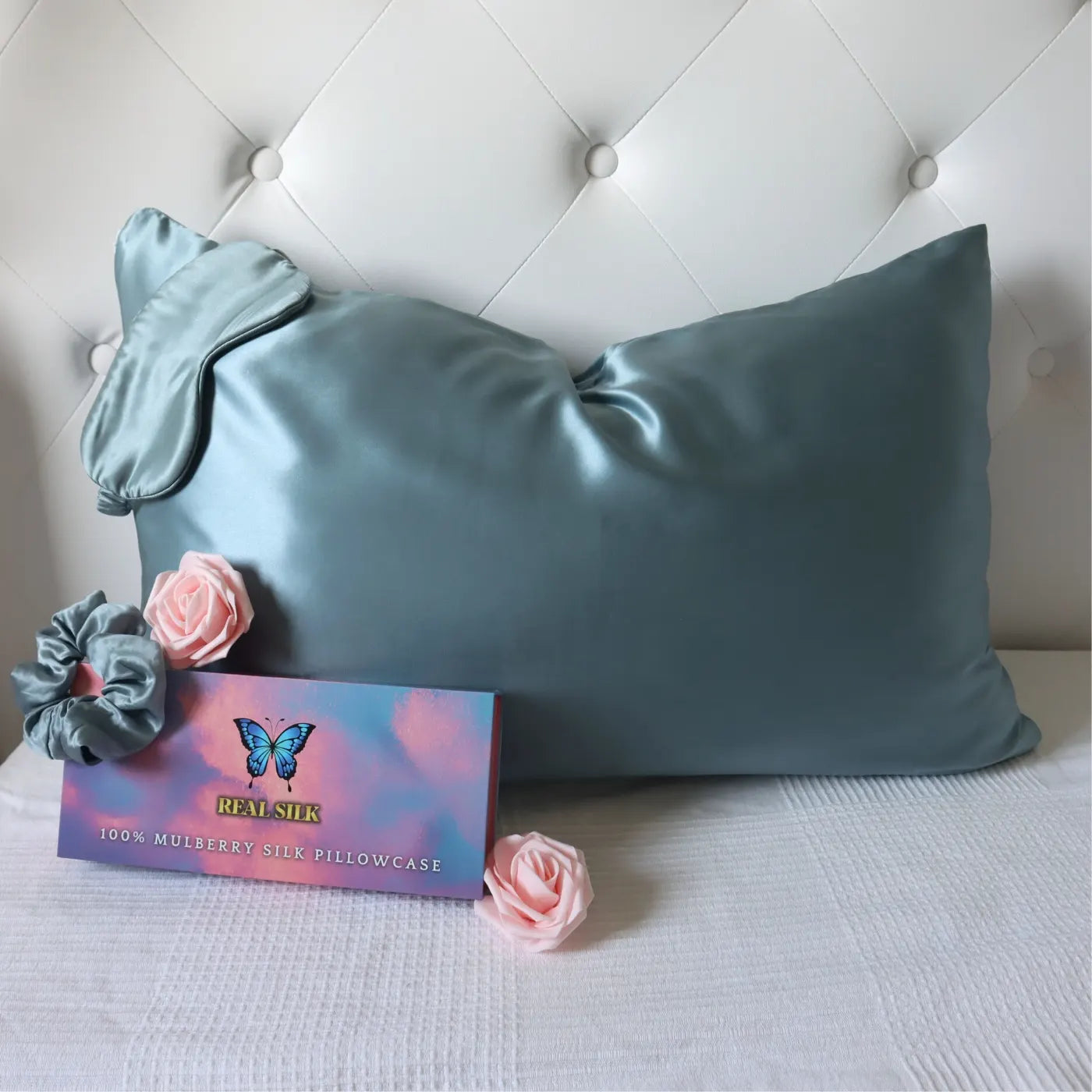 Mulberry Silk Gift Set - 22 Momme Silk Pillowcase, Sleeping Mask & Hair Scrunchie light blue