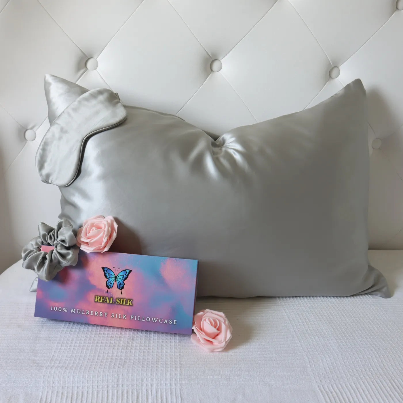 Mulberry Silk Gift Set - 22 Momme Silk Pillowcase, Sleeping Mask & Hair Scrunchie Silver light grey
